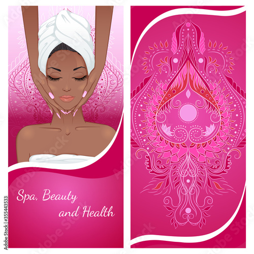 Vector illustration of a vertical banner template with a portrait of a african girl, who is doing face massage. Design for a spa, massage and beauty salon, relax, organic health care products