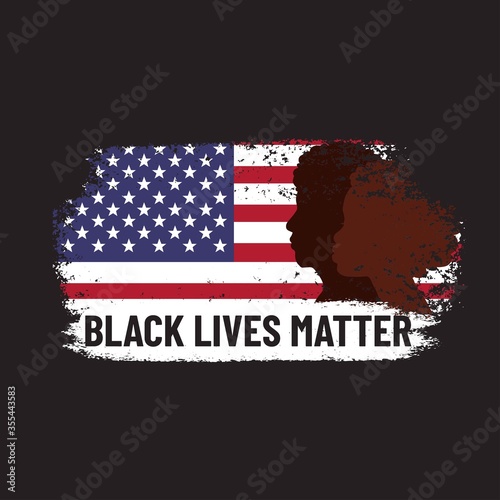 Stop racism.Black Lives Matter. Protest poster with black people and usa flag. African man and women