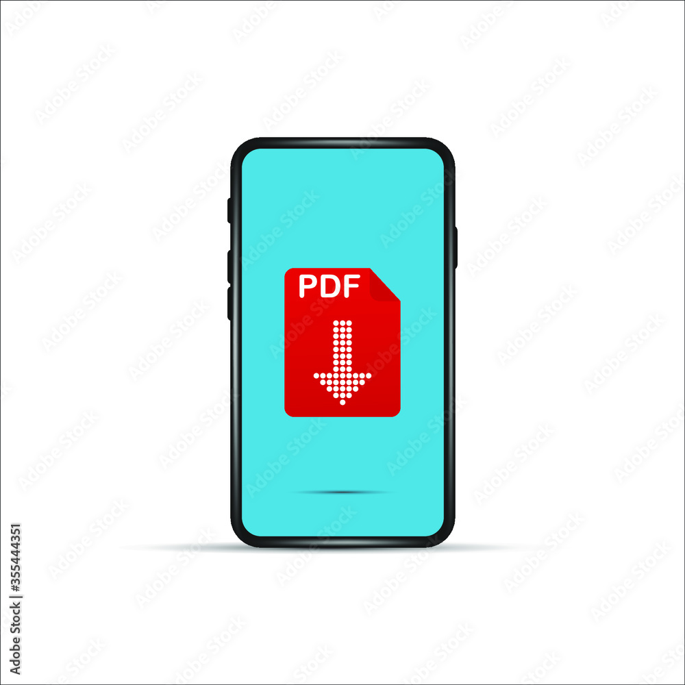 download pdf file by cartoon mobile phone. concept of upload files to your telephone such as docs books and more. flat simple style trend modern logotype graphic design isolated on white background