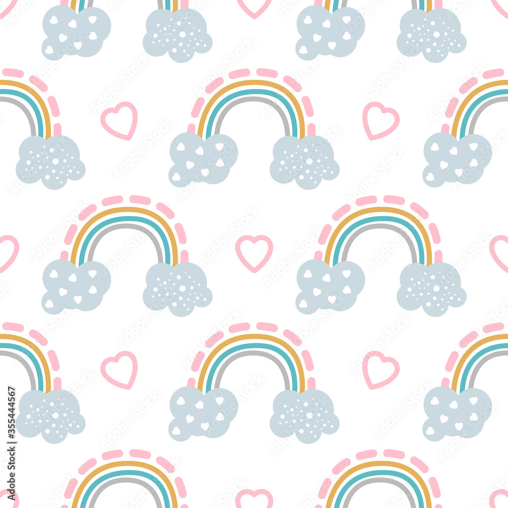 Seamless childish isolated pattern with rainbows, clouds and hearts, hand drawn vector illustration background . Scandinavian kids texture for fabric, wrapping, textile, apparel, design. Seamless childish isolated pattern with rainbows, clouds and hearts, hand drawn vector illustration background . Scandinavian kids texture for fabric, wrapping, textile, apparel, design.