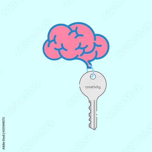 Brain keychain and key. Key to creativity. Vector illustration outline flat design style.