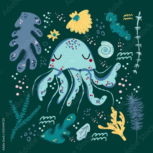 Foto Jelyfish cute doodle hand drawn flat vector illustration