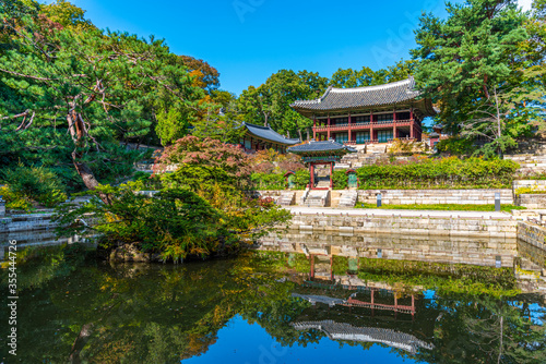 Traditional building at Buyongji Pond inside secret garden of Changdeokgung palace in Seoul, Republic of Korea photo