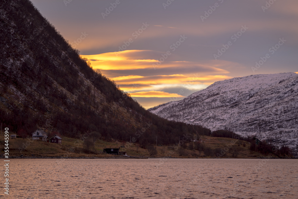 Sunset with pink sky over Kaldfjord Norway