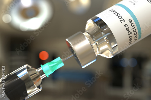 Vial with herpes zoster vaccine and syringe for injection. 3D rendering photo