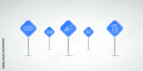Personal protection equipment icons - medical mask, latex gloves, soap, dispenser, protective glasses. Coronavirus, covid 19 prevention items. Line, outline symbols. Mask icon. Vector illustration
