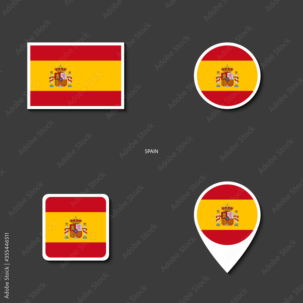 Fototapeta premium Spain flag icon set in different shape (rectangle, circle, square and marker icon) on dark grey background. Spain sticker flag collection on barely dark background.