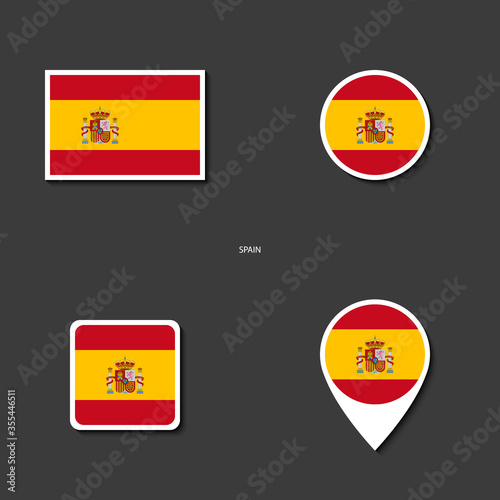 Spain flag icon set in different shape (rectangle, circle, square and marker icon) on dark grey background. Spain sticker flag collection on barely dark background.