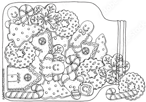 Christmas gingerbread cookies, holiday baking in a glass jar. Winter pattern with hand-drawn decorative elements in vector.  Coloring book page for adults. Black and white.