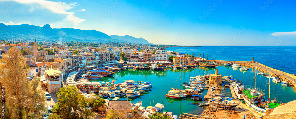 Kyrenia (Girne) old harbour on the northern coast of Cyprus. Panorama.