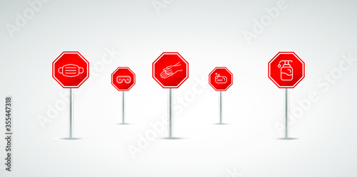 Personal protection equipment icons - medical mask, latex gloves, soap, dispenser, protective glasses. Coronavirus, covid 19 prevention items. Line, outline symbols. Mask icon. Vector illustration
