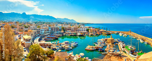 Kyrenia (Girne) old harbour on the northern coast of Cyprus. Panorama.