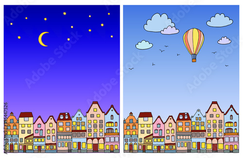 vector illustration of a town in day and night