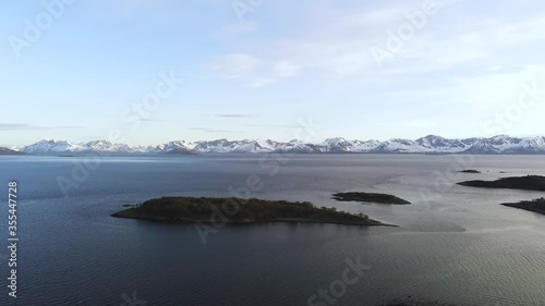 Drone aerial view of sea, islands Grytøya in Harstad, Norway.
