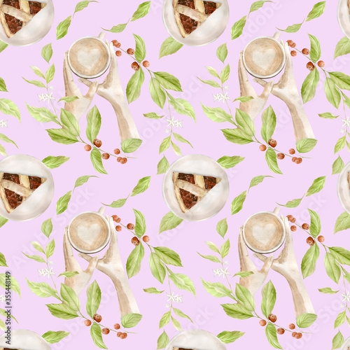 Wallpaper Mural Watercolor seamless pattern with illustrations of coffee cup, coffee beans, coffee grinder, cappuccino, latte and desserts Torontodigital.ca