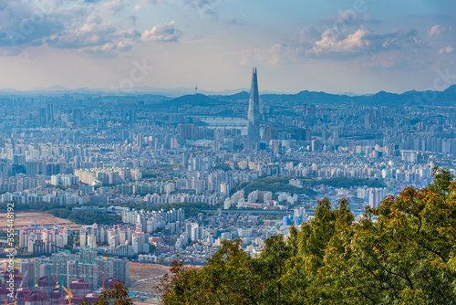 Downtown Seoul with Lotte tower viewed from Namhansanseong fortress, Republic of Korea