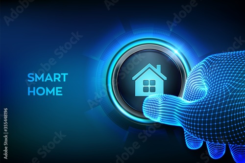 Smart home. Automation control system concept. Closeup finger about to press a button with house icon. Just push the button. Vector illustration. Smart home automation assistant. Vector illustration.