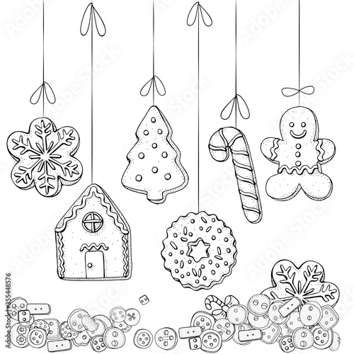 Winter pattern with Christmas hand-drawn decorative elements in vector. Christmas gingerbread cookies, holiday baking.  Coloring book page for adults. Black and white.
