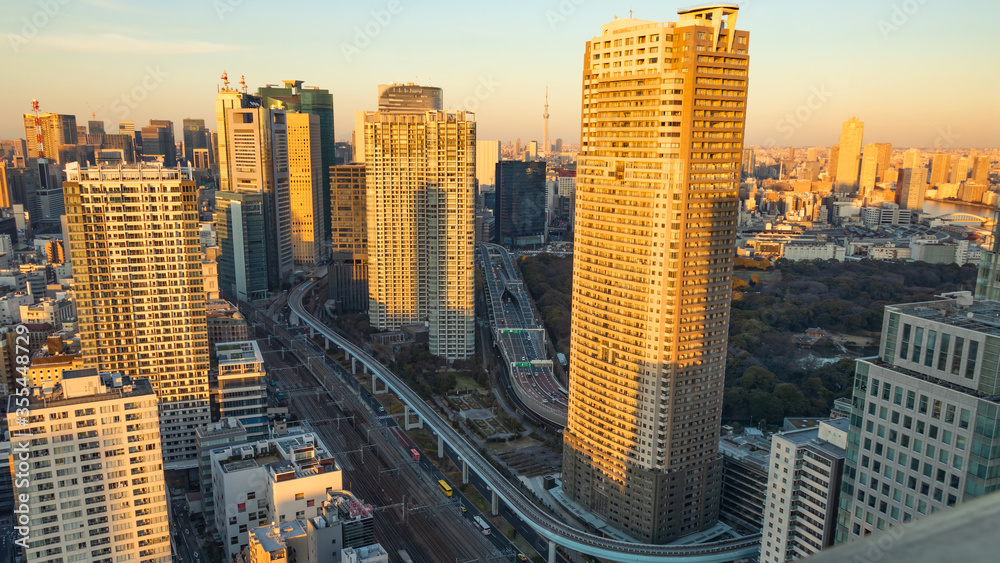 Obraz premium 夕陽に染まる浜松町から見たスカツリー方面