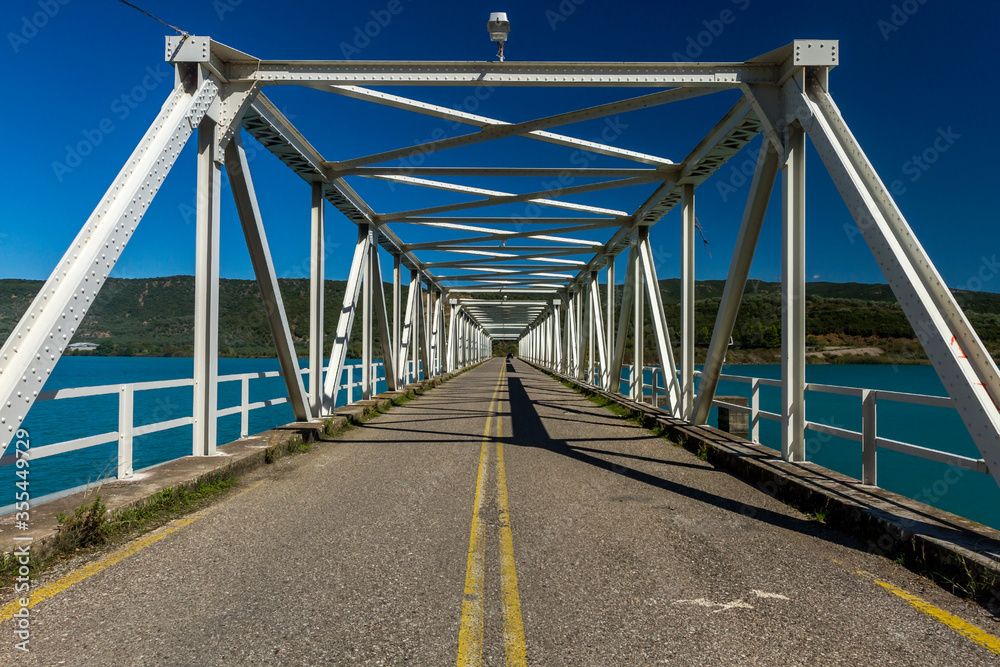 The metallic bridge over the artificial lake of Kastraki, or Matsouki bridge, near the city of Agrinio, in Etoloakarnania, Greece.