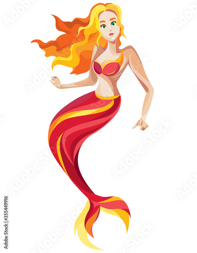Mermaid in cartoon style. Female character isolated on white background.