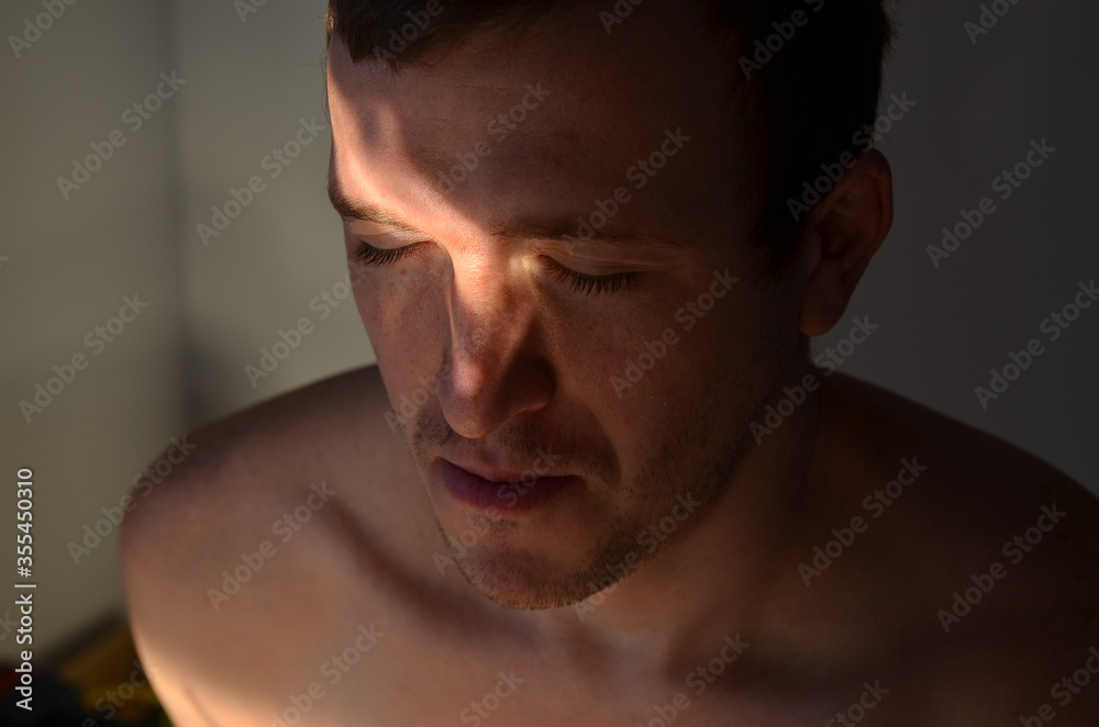Close-up portrait of his he nice attractive content guy pure clean in shining Close-up portrait of his he nice attractive content guy pure clean in shining