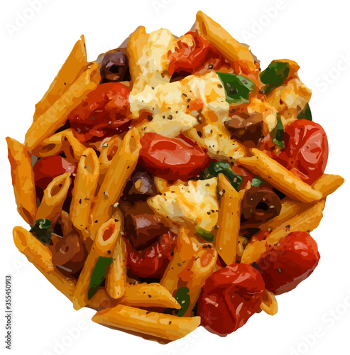 Pasta with chicken and vegetables, isolated vector colored illustration.