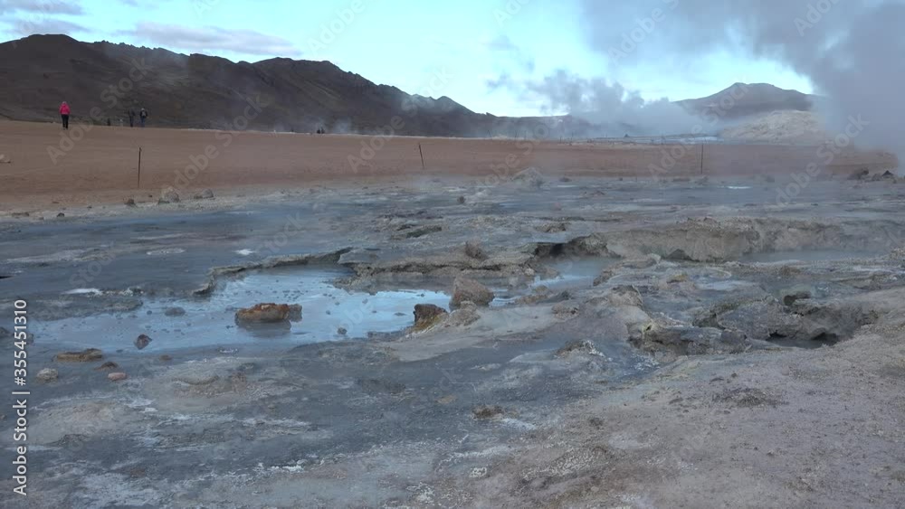 Iceland. Geothermal field with fumaroles and geysers. Area with natural steam vents and mud pools all around Lake Myvatn, the Hverir geothermal fields. Iceland. Geothermal field with fumaroles and geysers. Area with natural steam vents and mud pools all around Lake Myvatn, the Hverir geothermal fields.