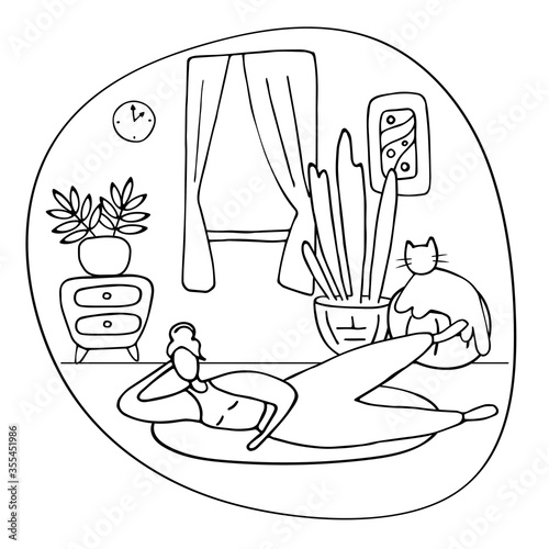Sport exercise and physical activity at home. Young woman training, getting fit at home. Stay physically active during self-quarantine