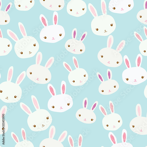 Vector cute colorful bunnies and fun rabbits seamless pattern on sky blue background.