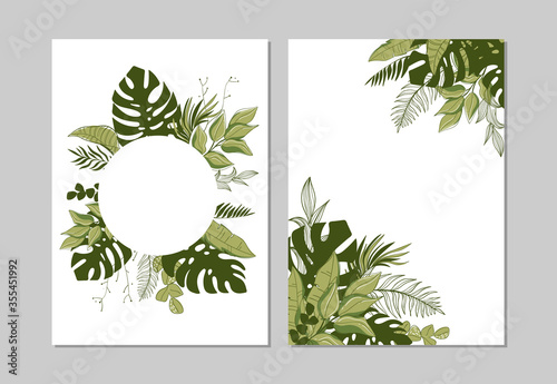 Set of covers with green tropical leaves. Vector illustration EPS10