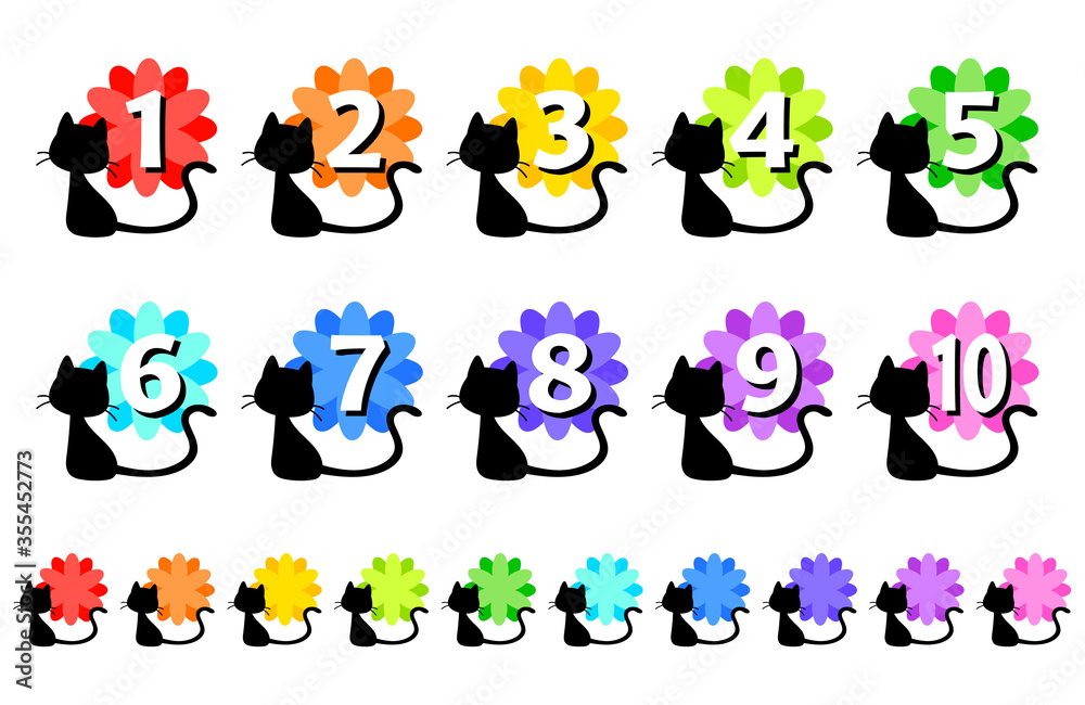 数字のアイコンイラスト(黒猫・花) 数字のアイコンイラスト(黒猫・花)
