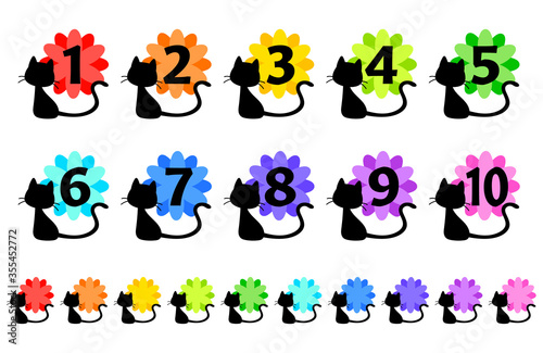 数字のアイコンイラスト（黒猫・花）