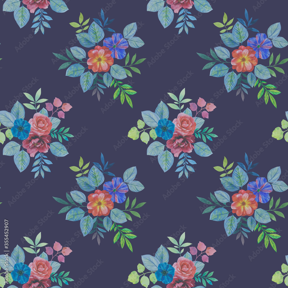 Seamless botanical pattern on a blue background. Hand painted bright flowers. for printing and packaging. Elegant leaves art. Watercolor bouquets on a dark background. Seamless botanical pattern on a blue background. Hand painted bright flowers. for printing and packaging. Elegant leaves art. Watercolor bouquets on a dark background.
