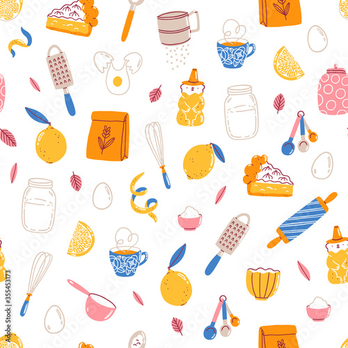 Lemon pie recipe ingredients, vector seamless pattern
