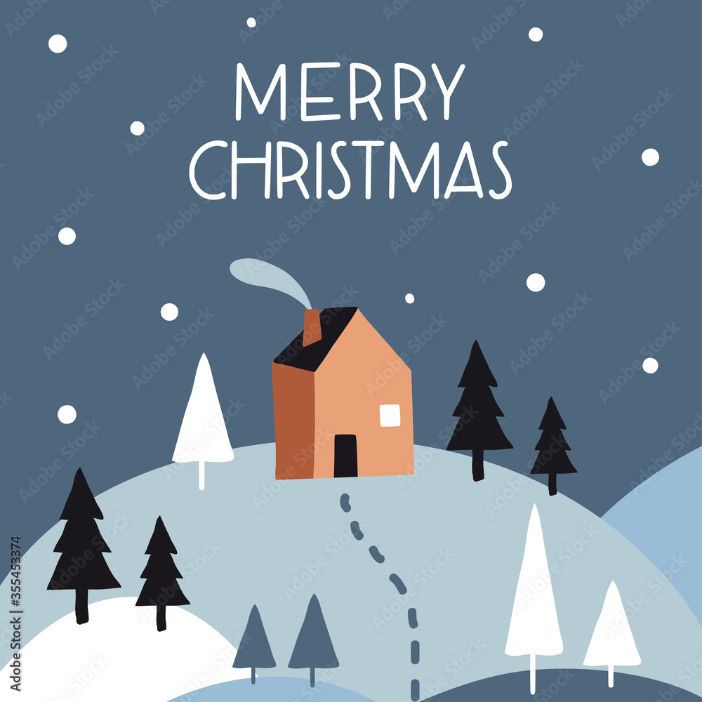 Merry Christmas. Greeting card, banner with cute house