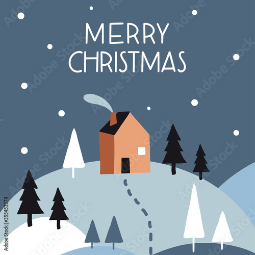 Merry Christmas. Greeting card  banner with cute house