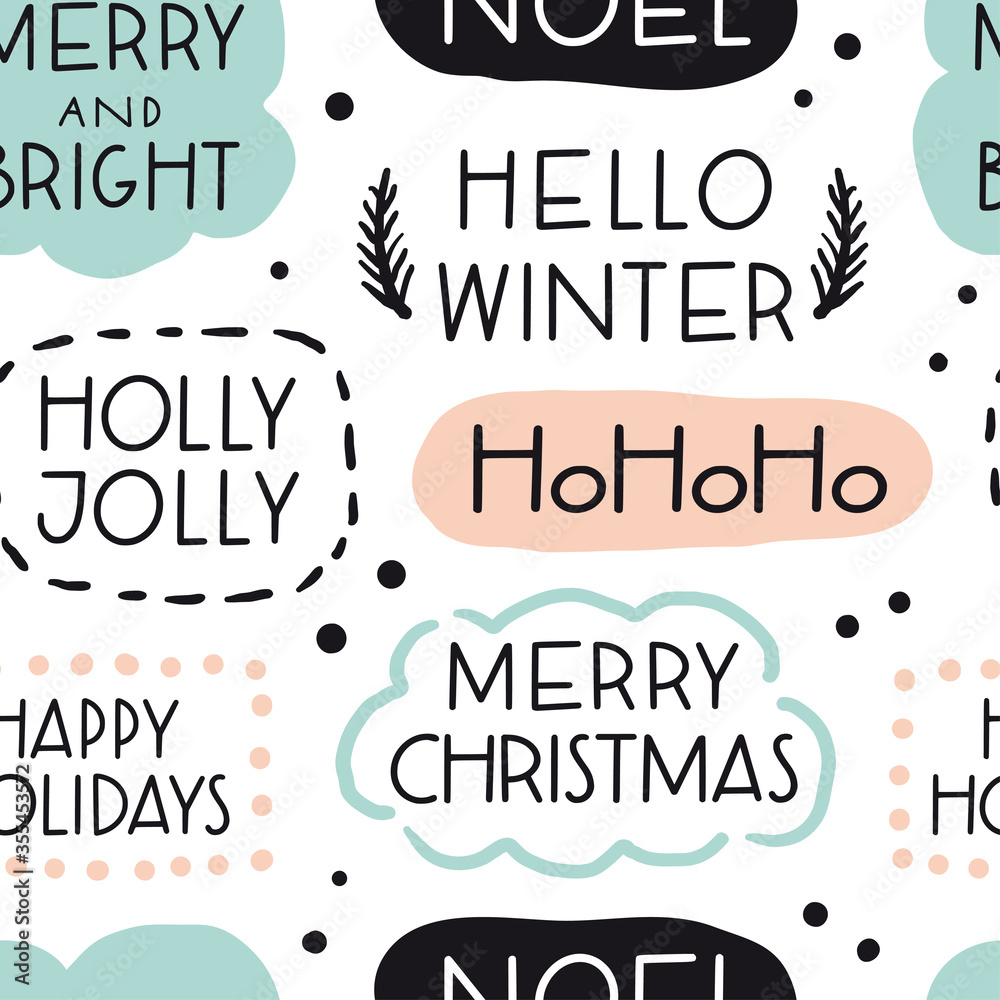 Merry Christmas and New Year phrases seamless pattern