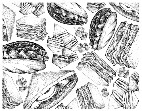 Illustration Hand Drawn Wallpaper of Sketch of Delicious Homemade Freshly Baguette Sandwiches and Club Sandwiches Isolated on White Background.