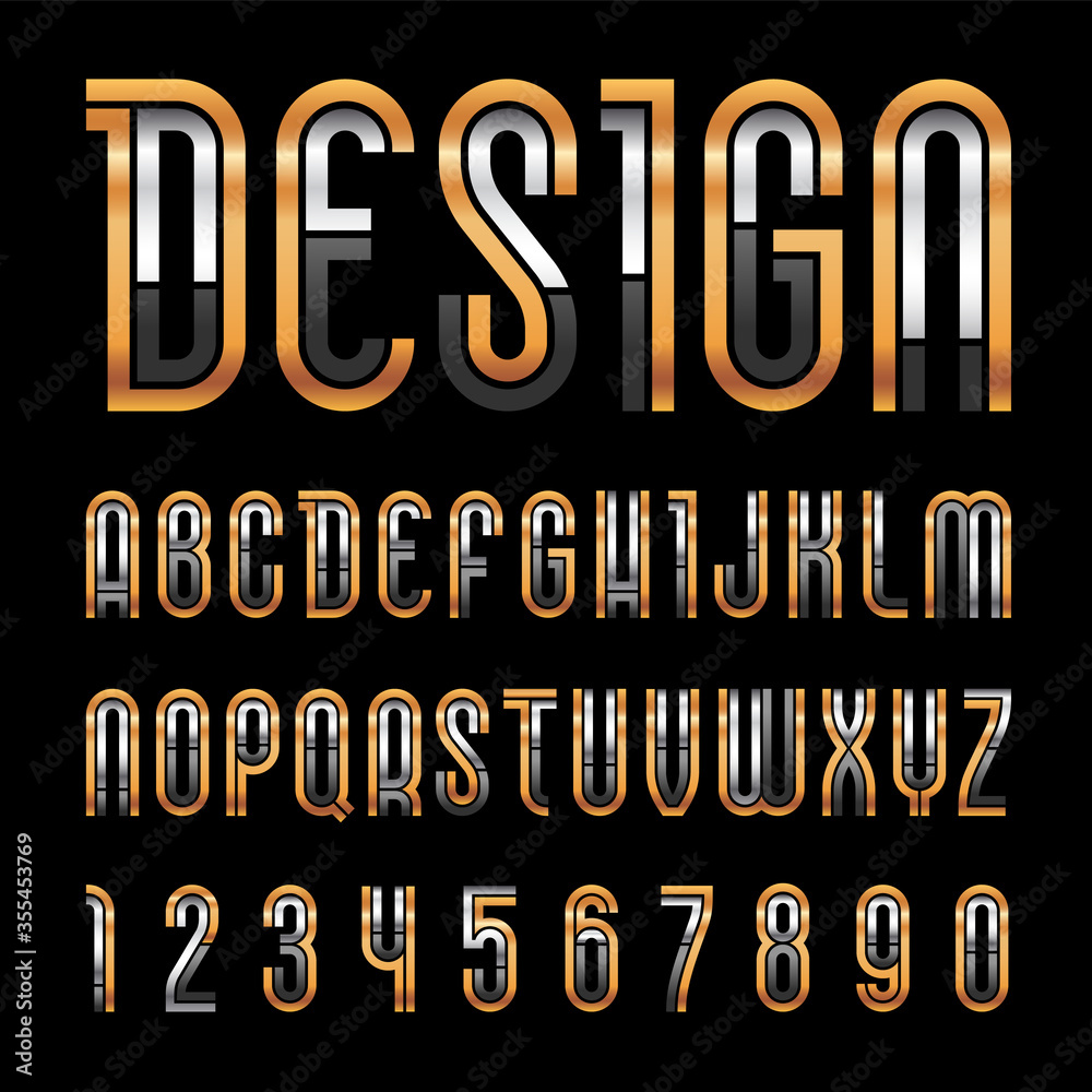 Bright metallic font, trendy alphabet, golden vector letters on a black background. - obrazy, fototapety, plakaty 