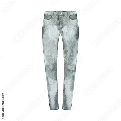 Watercolor casual jeans. Slim denim pants. Hand drawn illustration of fashion apparel. Element of clothing for icon, logo, lable or fashion design. A pair of grey trousers.