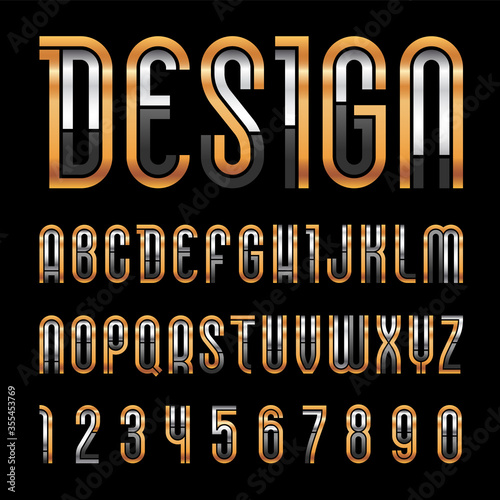Bright metallic font, trendy alphabet, golden vector letters on a black background.