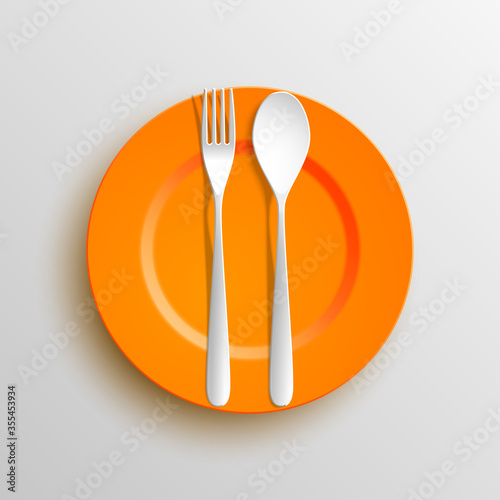 Plate, spoon and fork isolated on napkin background. Canteen icon. dining room badge. buffet icon. Here you can eat picture. Fast food restaurant badge. illustration