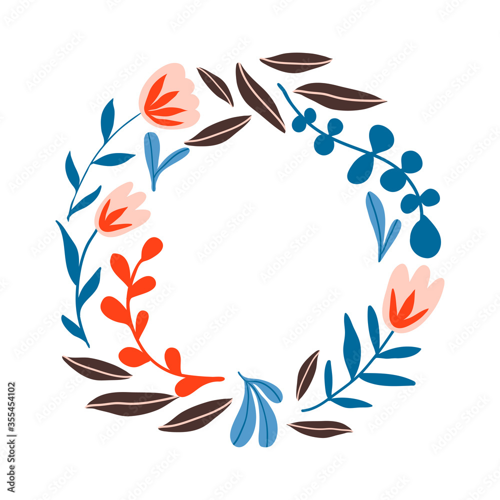 Round shape frame with leaves and flowers with folk ornaments