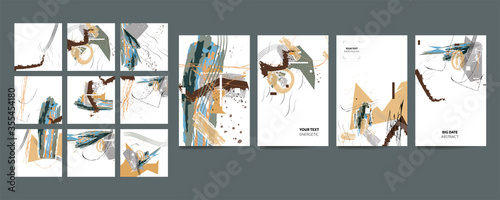 Art Set of creative hand painted illustrations for wall decoration, postcard or brochure with paint splashes and color graphics lines cover design