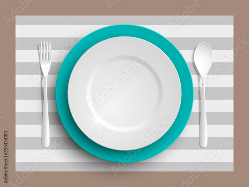Plate, spoon and fork isolated on napkin background. Canteen icon. dining room badge. buffet icon. Here you can eat picture. Fast food restaurant badge. illustration