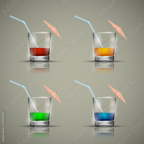 Glass cold drink alcohol & straw. Bright soda & umbrella. A glass of lemonade or fruit juice with umbrella. Cold iced tea. Bar with a glass of cocktail fizzy water with straw