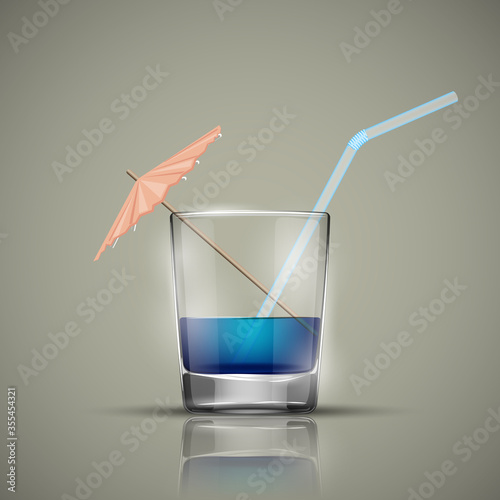 Glass cold drink alcohol & straw. Bright soda & umbrella. A glass of lemonade or fruit juice with umbrella. Cold iced tea. Bar with a glass of cocktail fizzy water with straw