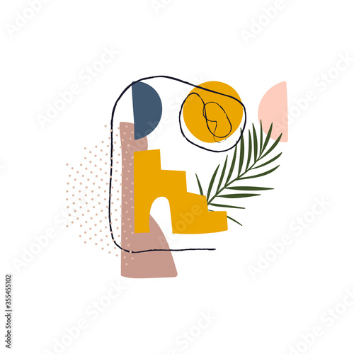 Abstract digital art with lines and shapes. Building, sun and palm branch. Print for t-shirt, wall-art, poster, banner.