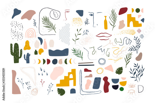 Set of elements for abstract graphic art. Lines, shapes, palm leaves, cactus, dots, moon, sun.